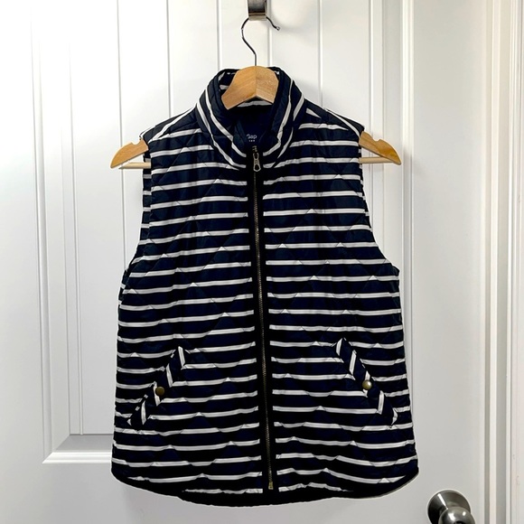 Gap Quilted Puffer Vest Navy Blue White Striped with  Pockets Women's - Picture 3 of 3